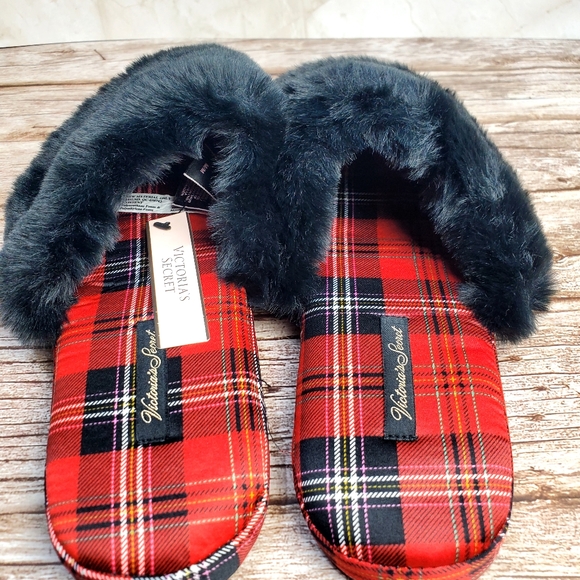 Victoria's Secret Red and Black Tartan Slippers - Picture 5 of 8